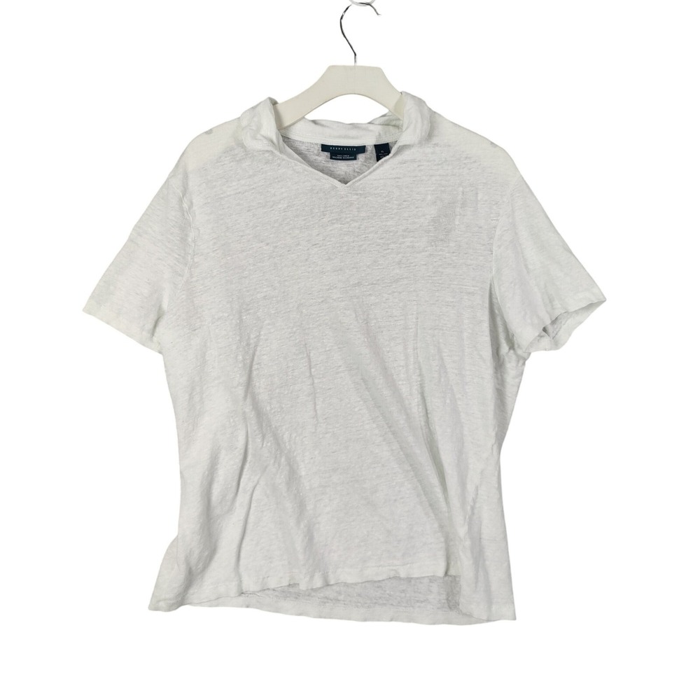 Perry Ellis Womens Coastal Minimalist 100% Linen Polo Shirt XL White VNeck Short